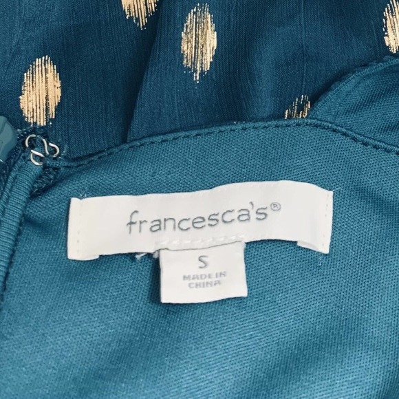 Francesca’s Dress Women’s Teal Blue Gold Polka Dot Abstract Chiffon Zip Up - Picture 4 of 7
